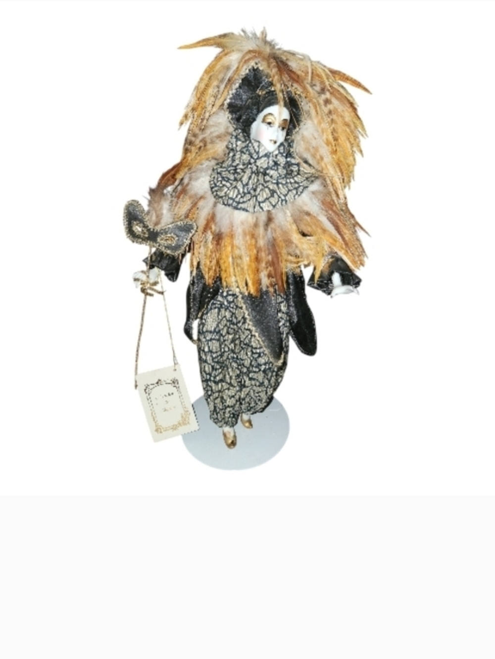 Source Unknown Black and Gold Feathered Venetian-Style Ceramic Doll